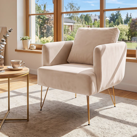 Accent Chair With Back Cushion, Metal Legs, Beige, Golden Accent Chairs Beige at Gallery Canada