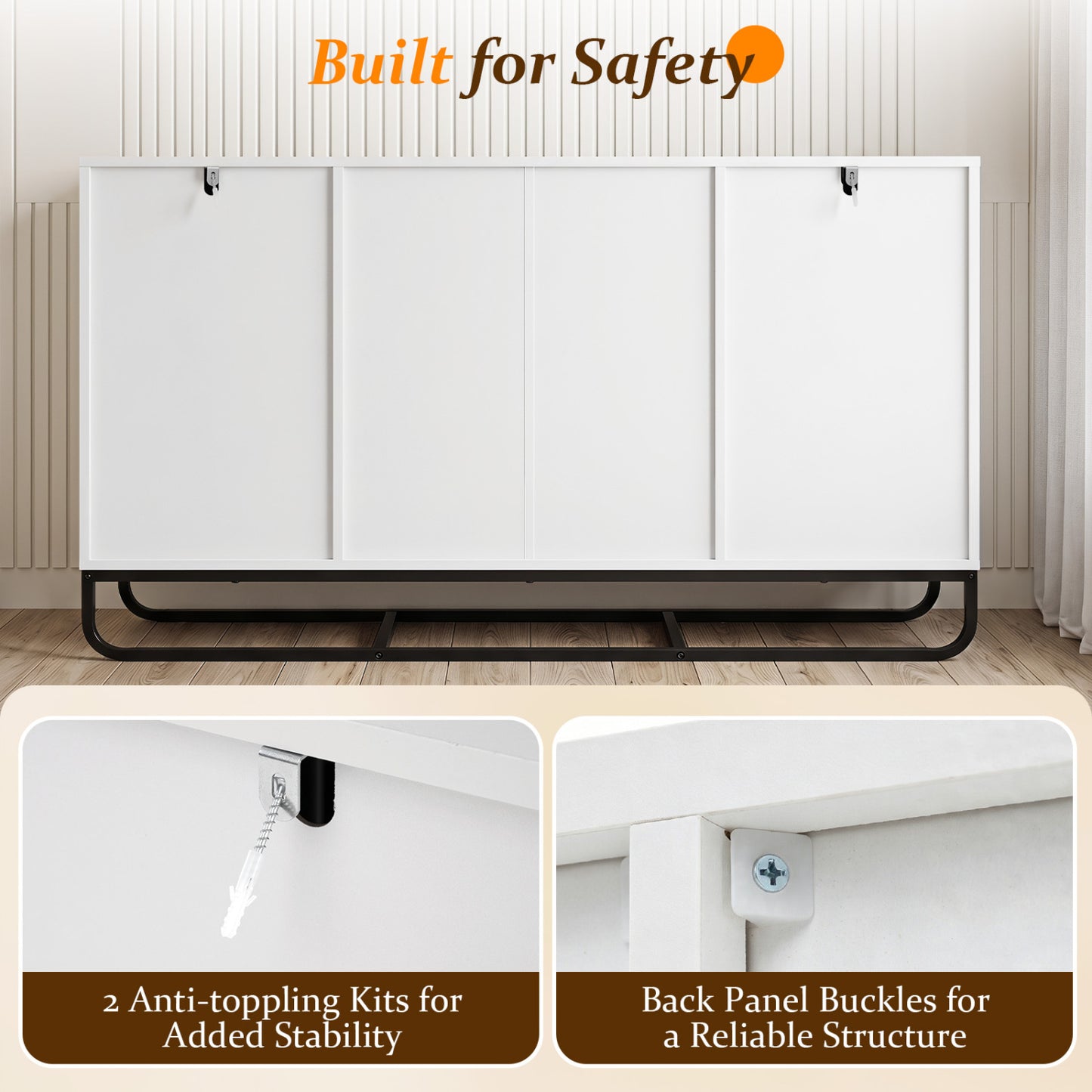 Modern Buffet Sideboard Cabinet, 2 Drawers, Adjustable Shelves, White