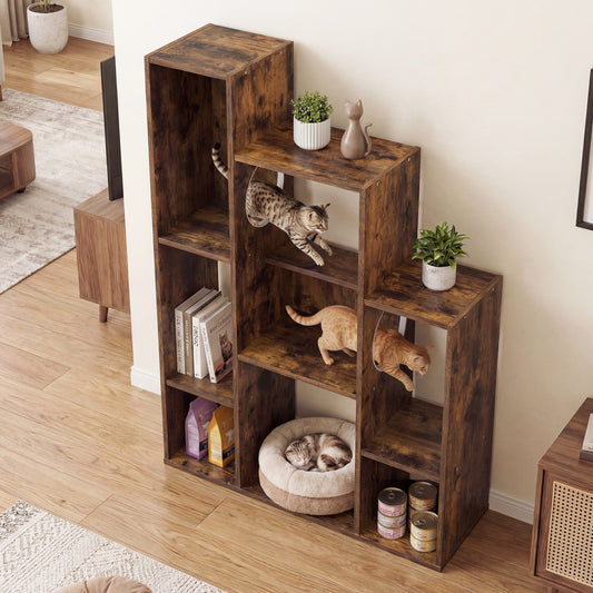 Modern Cat Bookshelf Tree, 8-Section Storage Cabinet, Brown Cat Trees Condos & Scratchers Rustic Brown at Gallery Canada