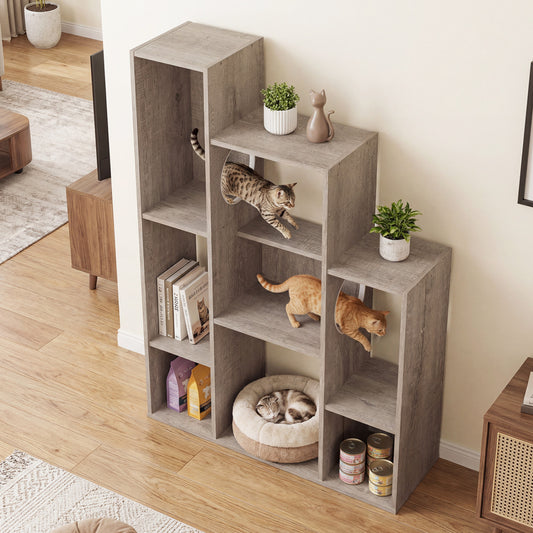 Modern Cat Bookshelf Tree, 8-Section Storage Cabinet, Oak, Gray Cat Trees Condos & Scratchers Gray at Gallery Canada