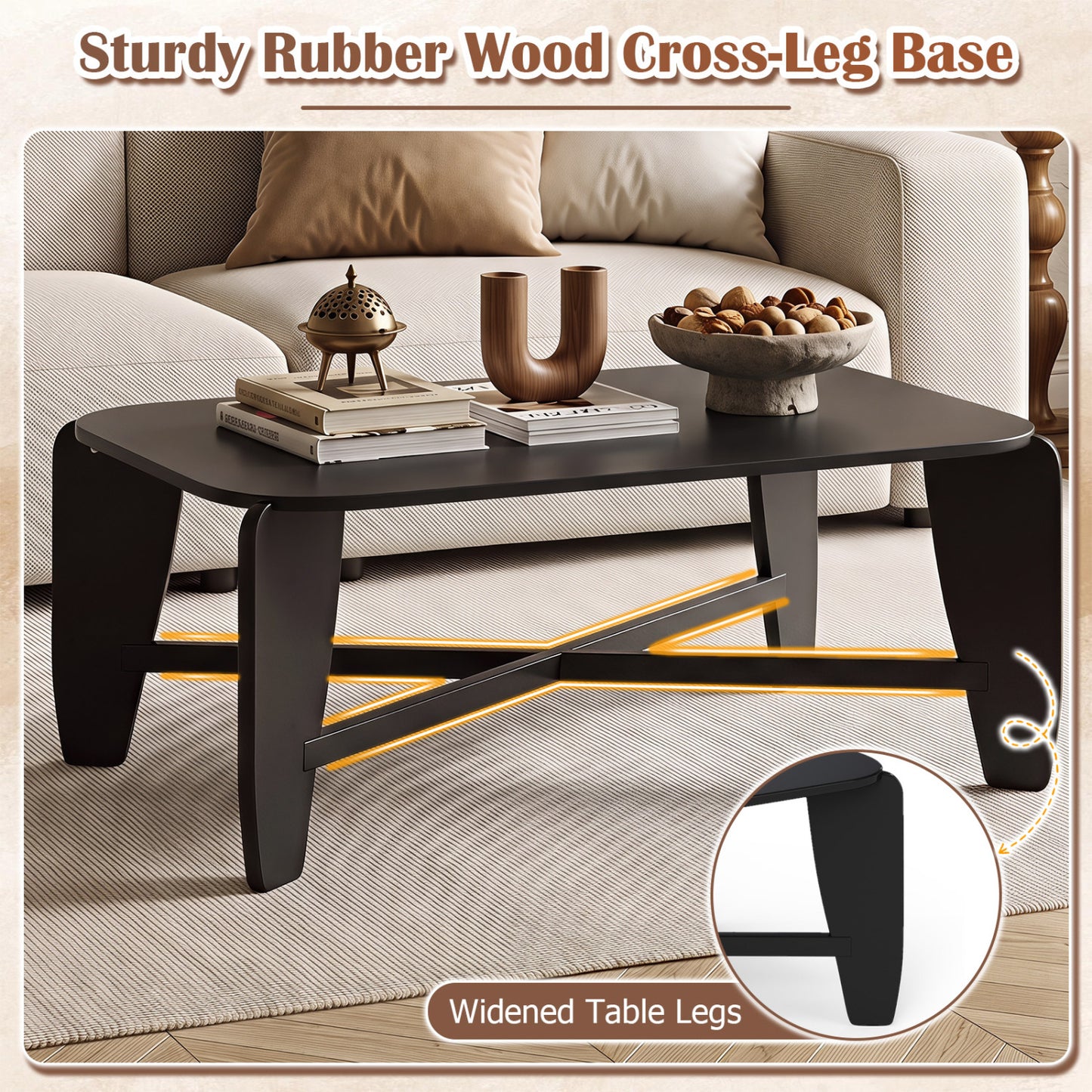 Modern Coffee Table, Rubber Wood Cross-Leg, Black Coffee Tables at Gallery Canada