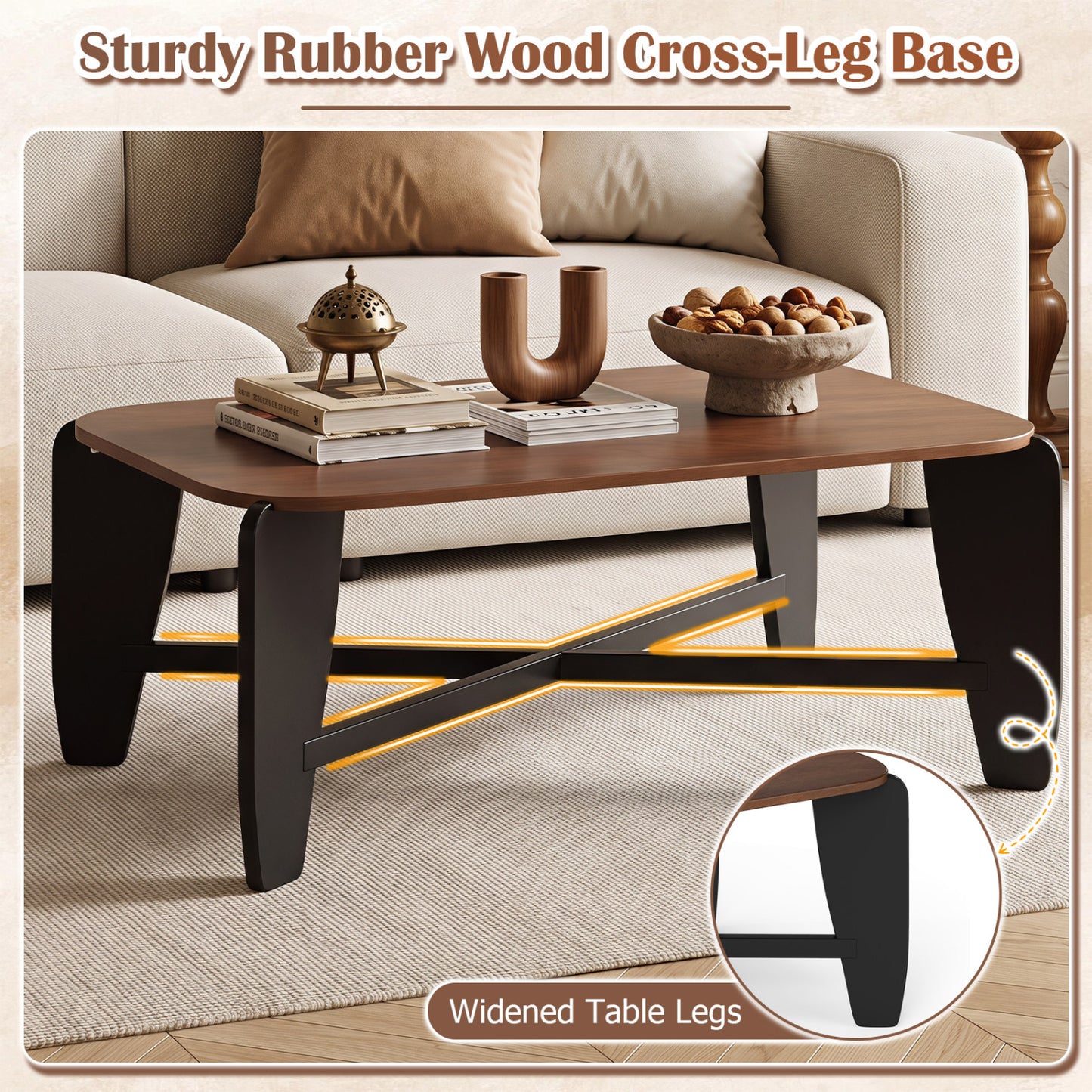 Modern Coffee Table, Rubber Wood Cross-Leg Base, Walnut