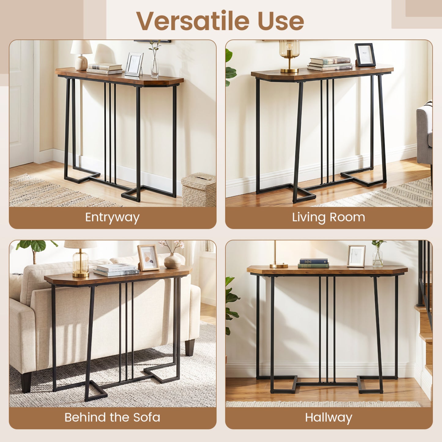 Modern Narrow Console Table, Metal Legs, Rustic Brown