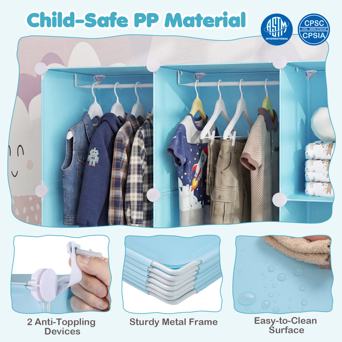 Modular Baby Wardrobe with 13 Cubes and Hanging Rod and Shelves Stackable, Blue Kids Storage at Gallery Canada