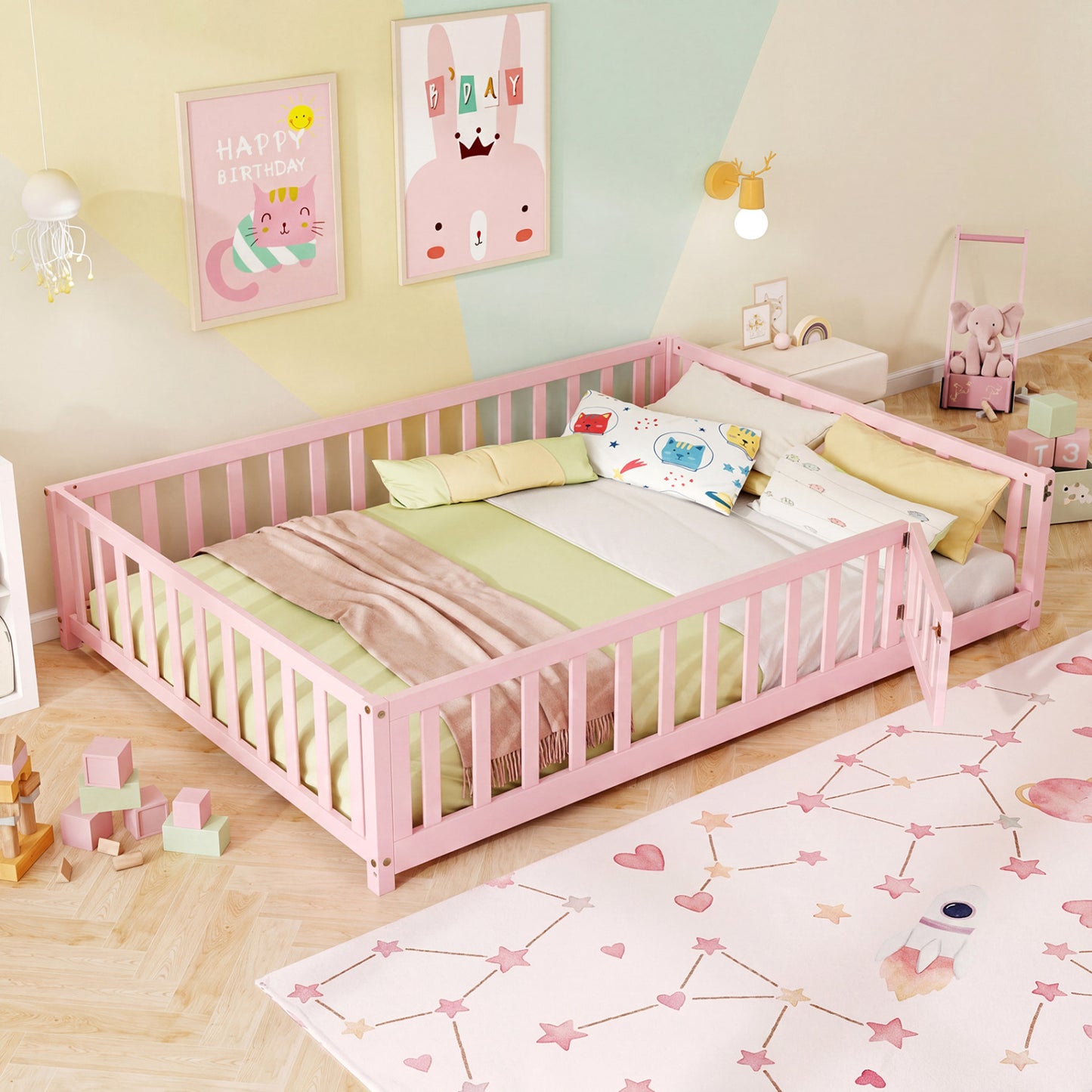Montessori Bed Frame, Full-Length Guardrails, Pink Toddler Beds at Gallery Canada