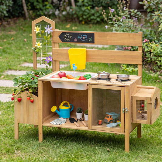 Mud Kitchen for Kids with Detachable Bird Cage and Stoves, Natural Play Kitchen Sets Natural at Gallery Canada