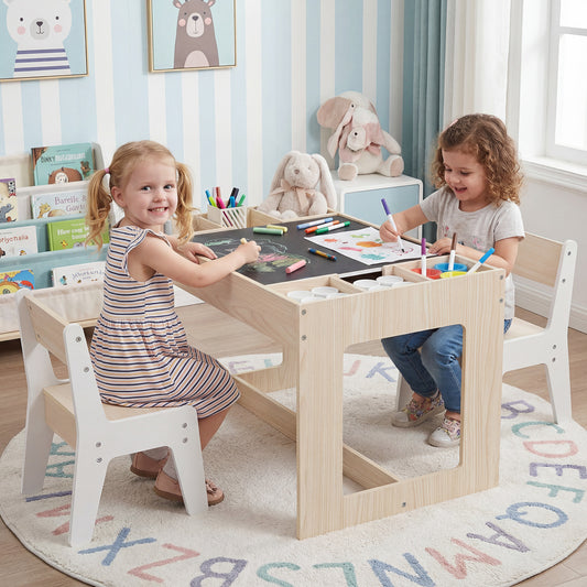 Multifunctional Kids Table and 2 Chairs Set with Chalkboard, Natural Kids Table & Chair Sets Natural at Gallery Canada