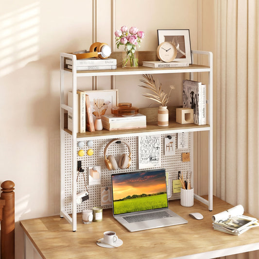 2-Tier Desktop Bookshelf With Pegboard, 32 Inch Monitor, Natural Bookcases Natural at Gallery Canada