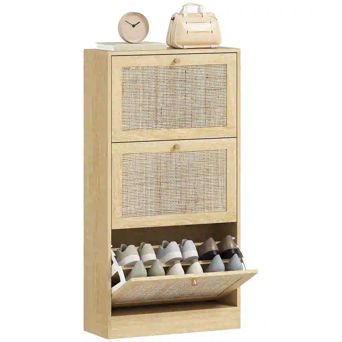 Rattan Shoe Cabinet, 3 Flip Drawers, Adjustable Shelves, 18 Pairs, Oak Shoe Storage Cabinets & Racks at Gallery Canada
