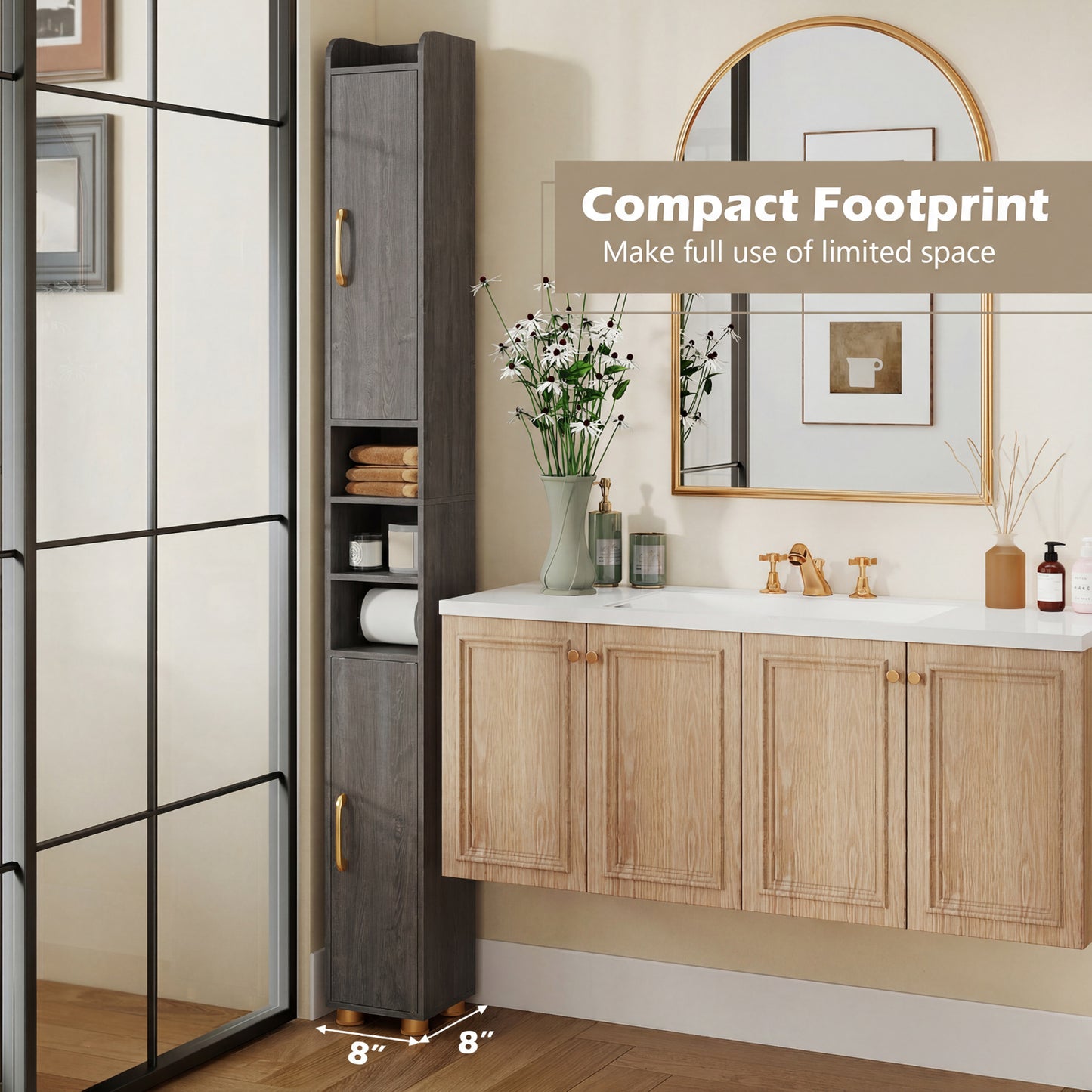 Narrow Bathroom Storage Cabinet, Open Shelves, Toilet Paper Holder, Gray Floor Cabinets at Gallery Canada