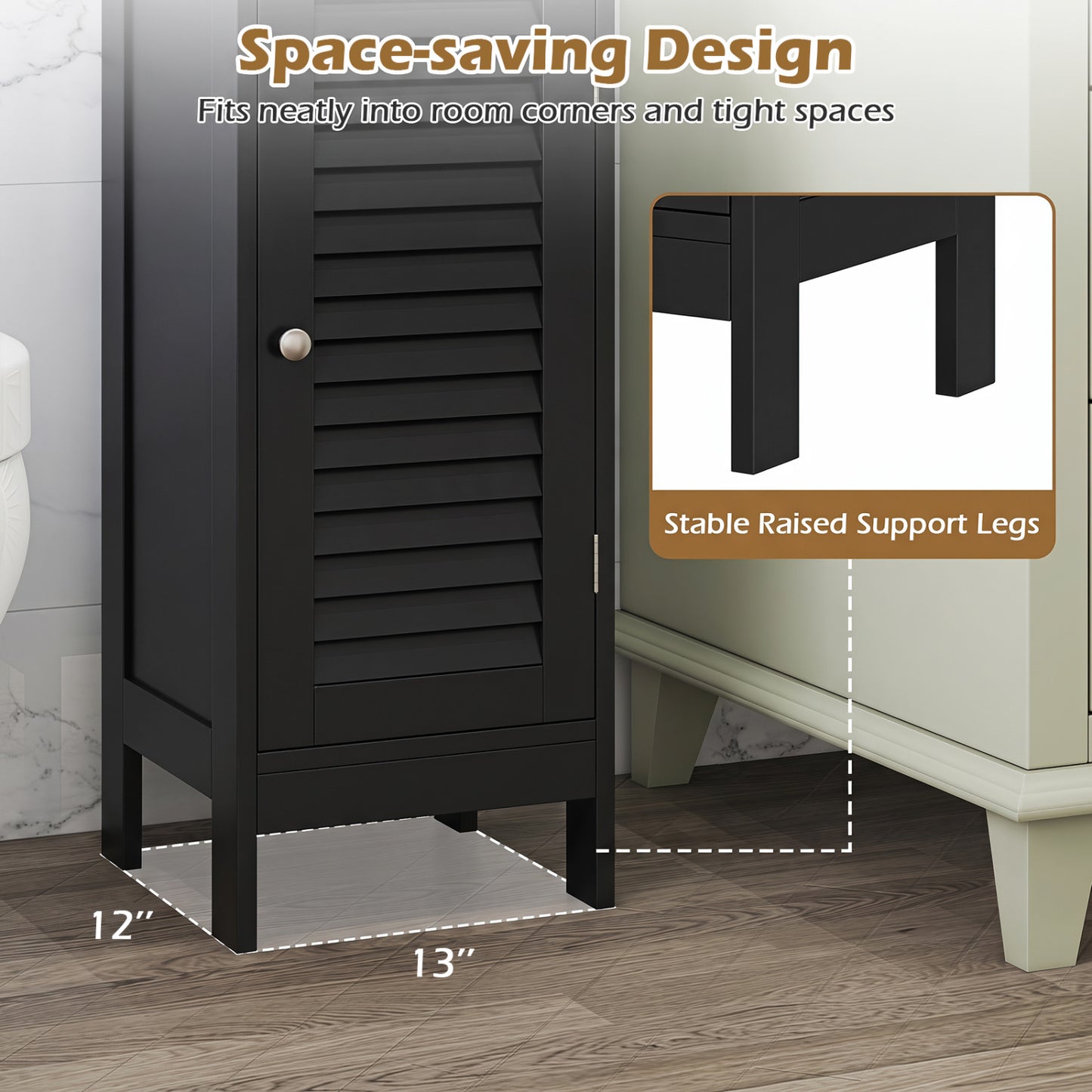 Narrow Bathroom Cabinet, Adjustable Shelf & Drawer, Black Floor Cabinets at Gallery Canada