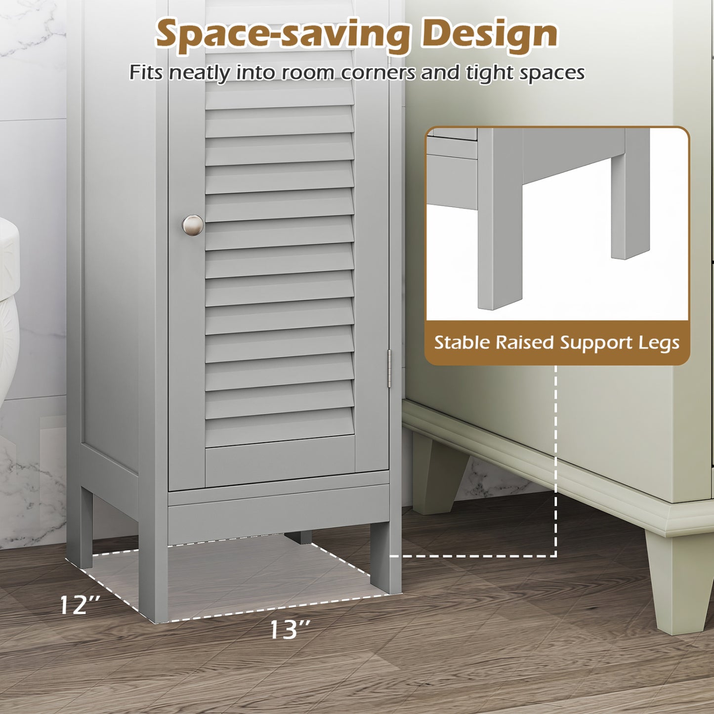 Narrow Bathroom Cabinet with Shelf and Drawer, Gray Floor Cabinets at Gallery Canada