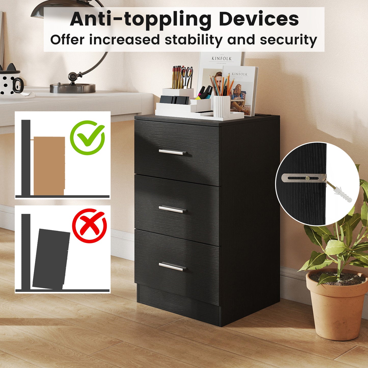 Nightstand with Charging Station End Table with 3 Storage Drawers Bedside Table for Bedroom, Black Nightstands at Gallery Canada