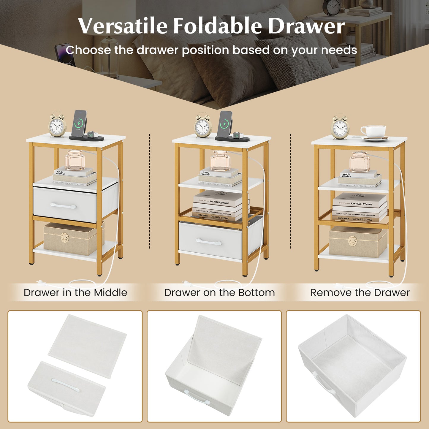 Nightstand with Charging Station and Adjustable Fabric Drawer for Bedroom and Living Room-1 Piece Nightstands at Gallery Canada