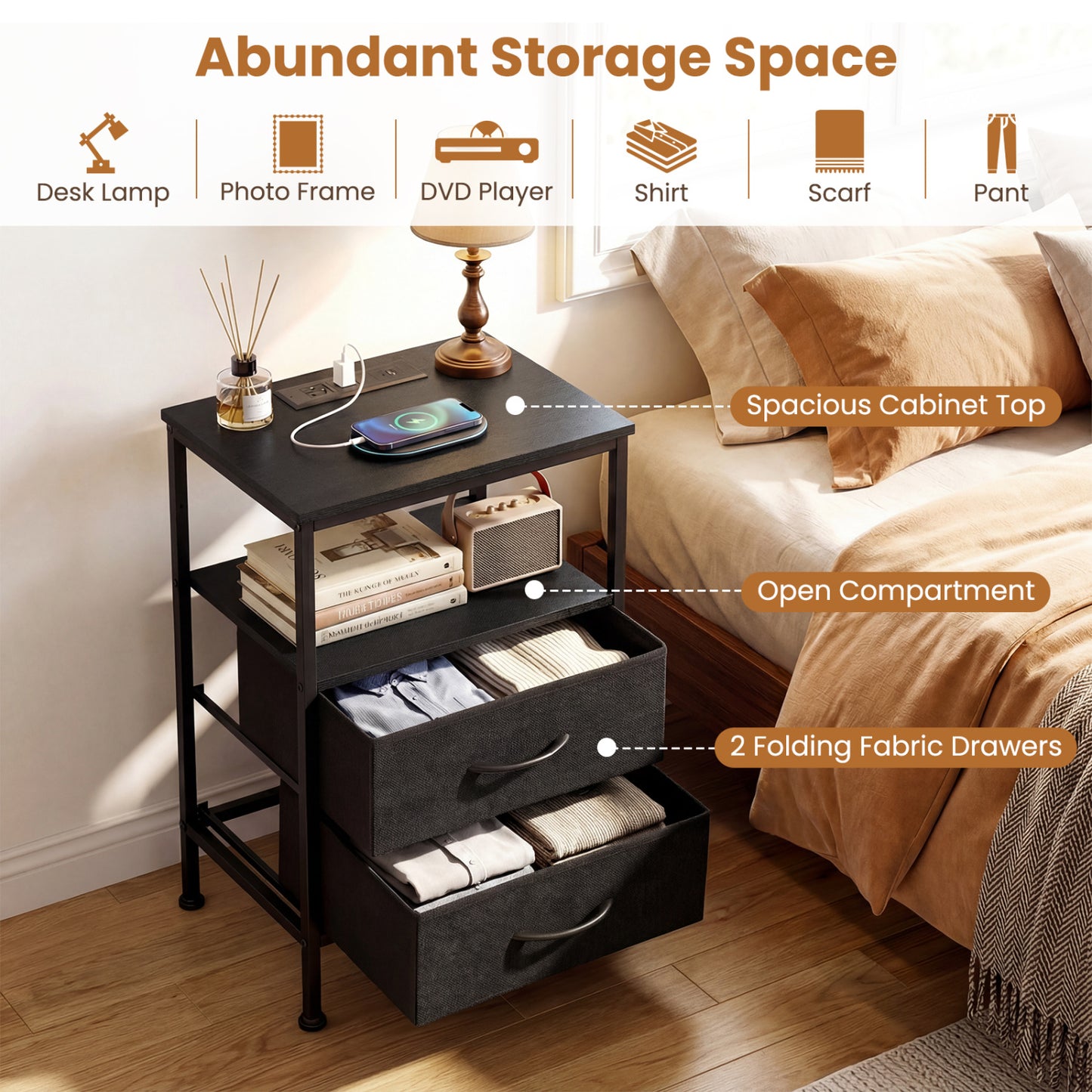 Nightstand With Charging Station, 24.5" Modern Bedside Table Nightstands at Gallery Canada