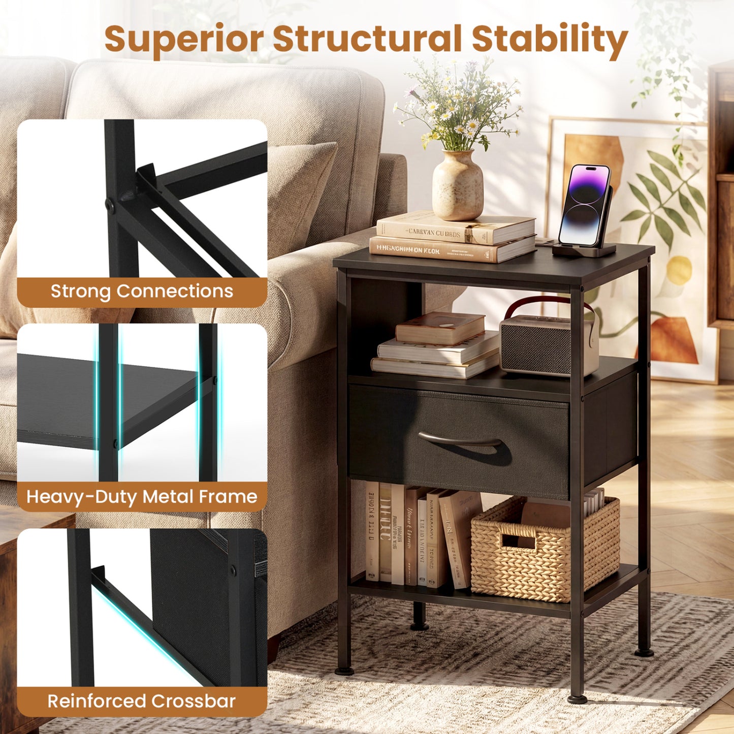 Nightstand with Charging Station 24.5 inch Modern Bedside Table with Fabric Drawer, Black Nightstands at Gallery Canada