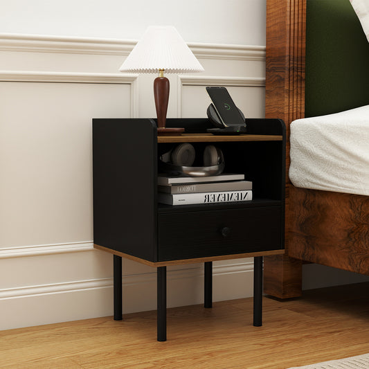 Nightstand with Drawer 3-Tier Sofa Side Table with Open Storage Shelf, Black Nightstands Black at Gallery Canada