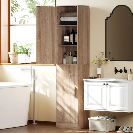 Tall Bathroom Cabinet, Slim 6-Tier Bathroom Floor Cabinet with 2 Doors and 4 Adjustable Shelves, Natural Wood Freestanding Bathroom Cabinets Natural at Gallery Canada