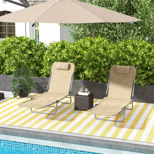 Folding Outdoor Lounge Chair Set, 2 Reclining Tanning Chairs, 5-Position Adjustable Backrest, Brown Lounger Chairs Brown at Gallery Canada