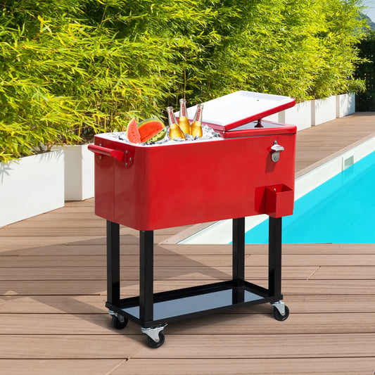 80 Quart Rolling Cooler Cart, Portable Ice Bin, Outdoor Party, Red Cooler Boxes Red, Black at Gallery Canada
