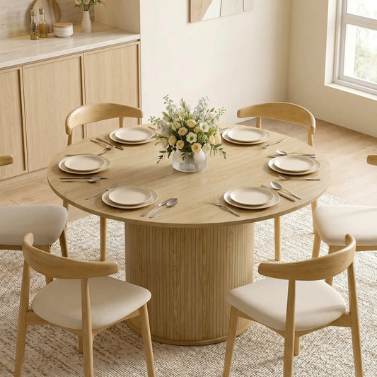 Round Dining Table For 5, 47 Inch, Fluted Pedestal Base, Natural Dining Tables Natural at Gallery Canada