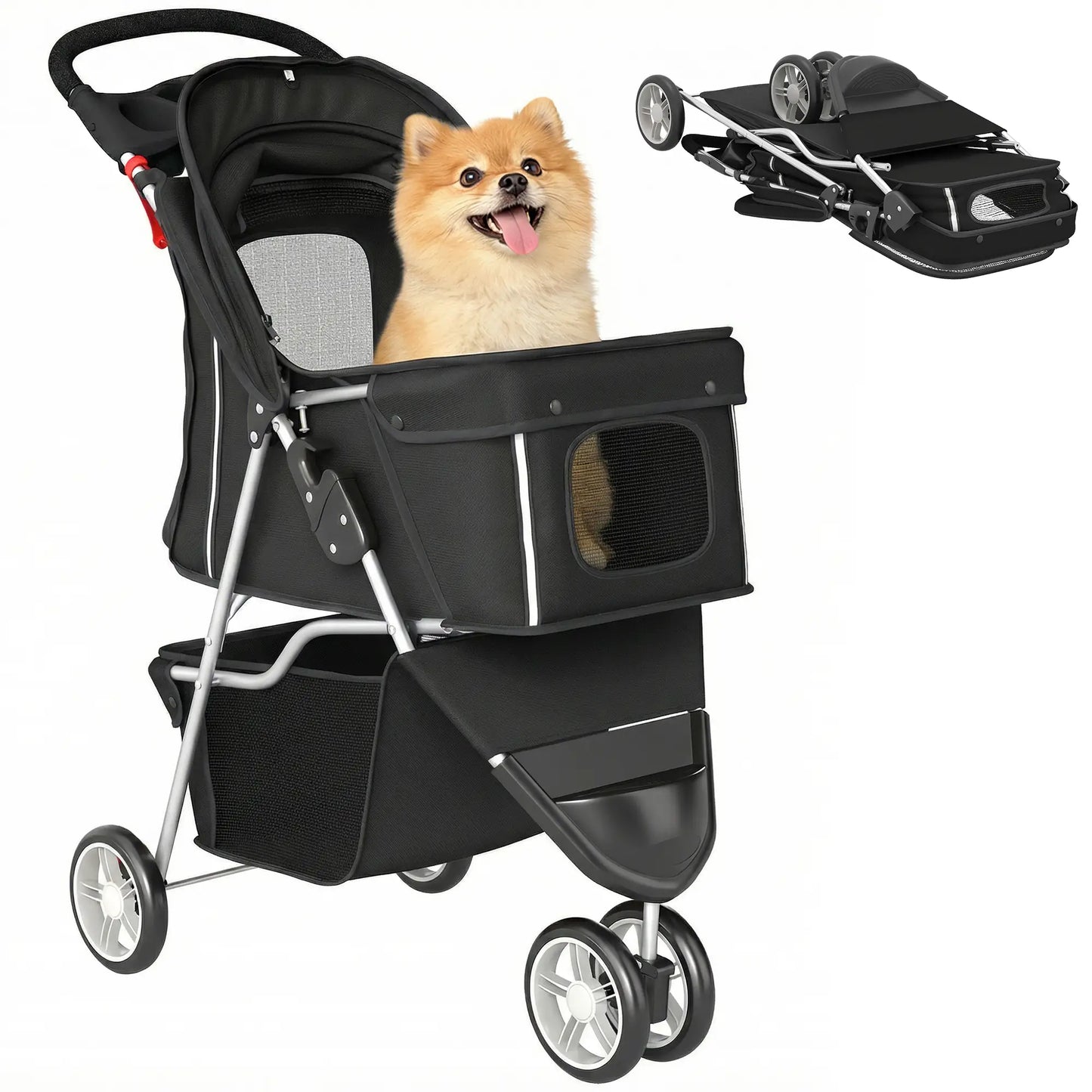3 Wheel Foldable Dog Stroller, Storage Basket, Adjustable Canopy, Black Dog Bike Trailers & Strollers at Gallery Canada