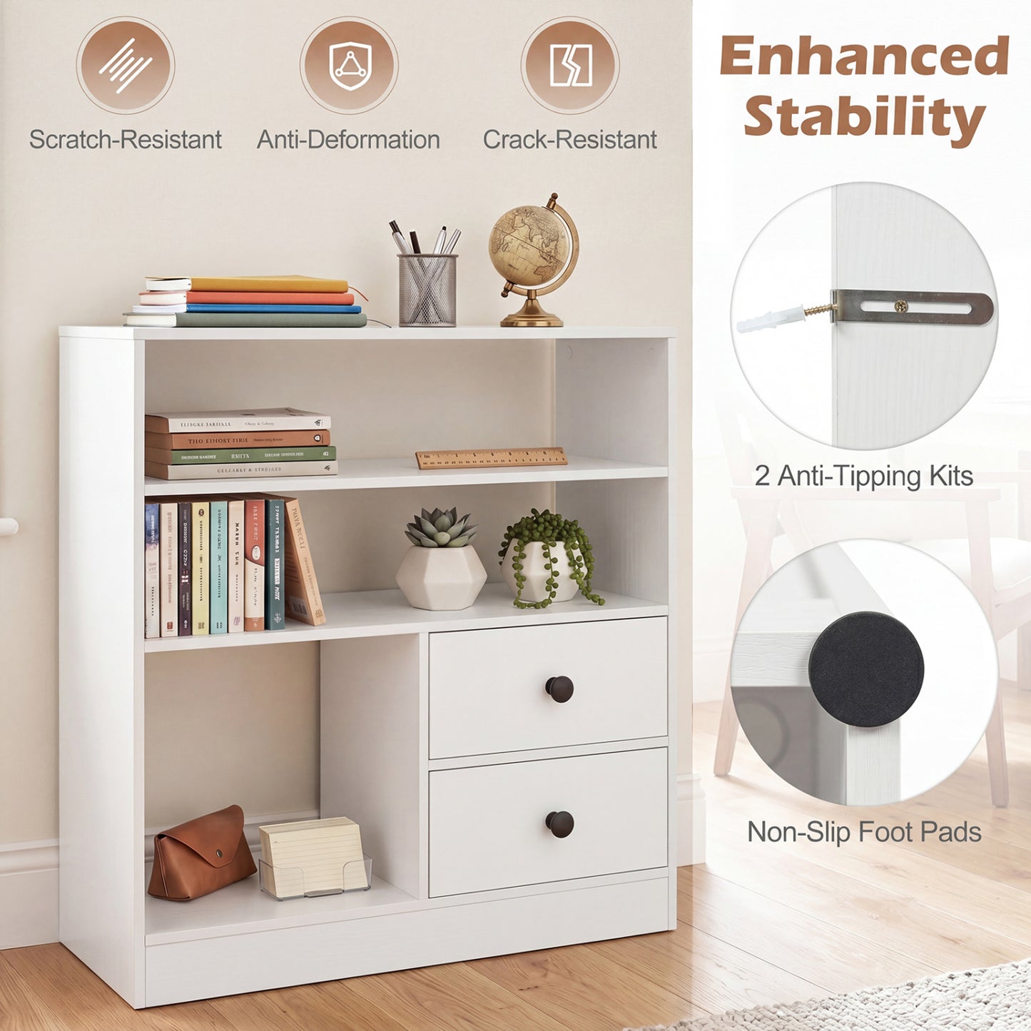 3-Compartment Open Storage Cabinet With 2 Drawers, White Console Tables at Gallery Canada