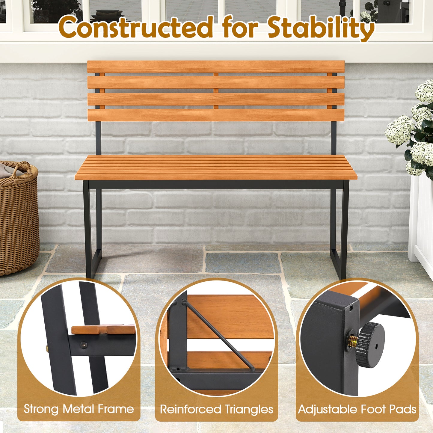 Outdoor Bench, Acacia Wood Patio Loveseat With Backrest, Heavy Duty Metal Frame Outdoor Benches at Gallery Canada