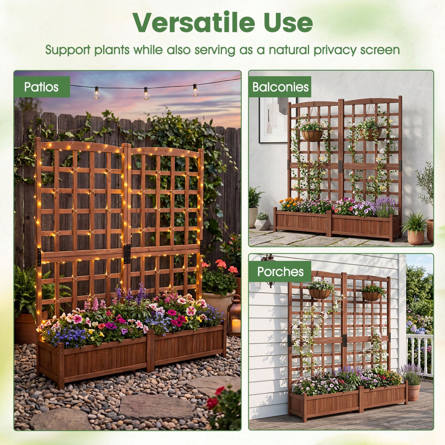 Dual Wooden Raised Garden Bed with Trellis, Rustic Brown Raised Garden Beds at Gallery Canada