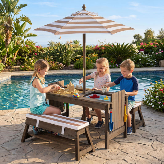 Wooden Kids Picnic Table & Benches with Umbrella, Brown Kids Table & Chair Sets Brown at Gallery Canada