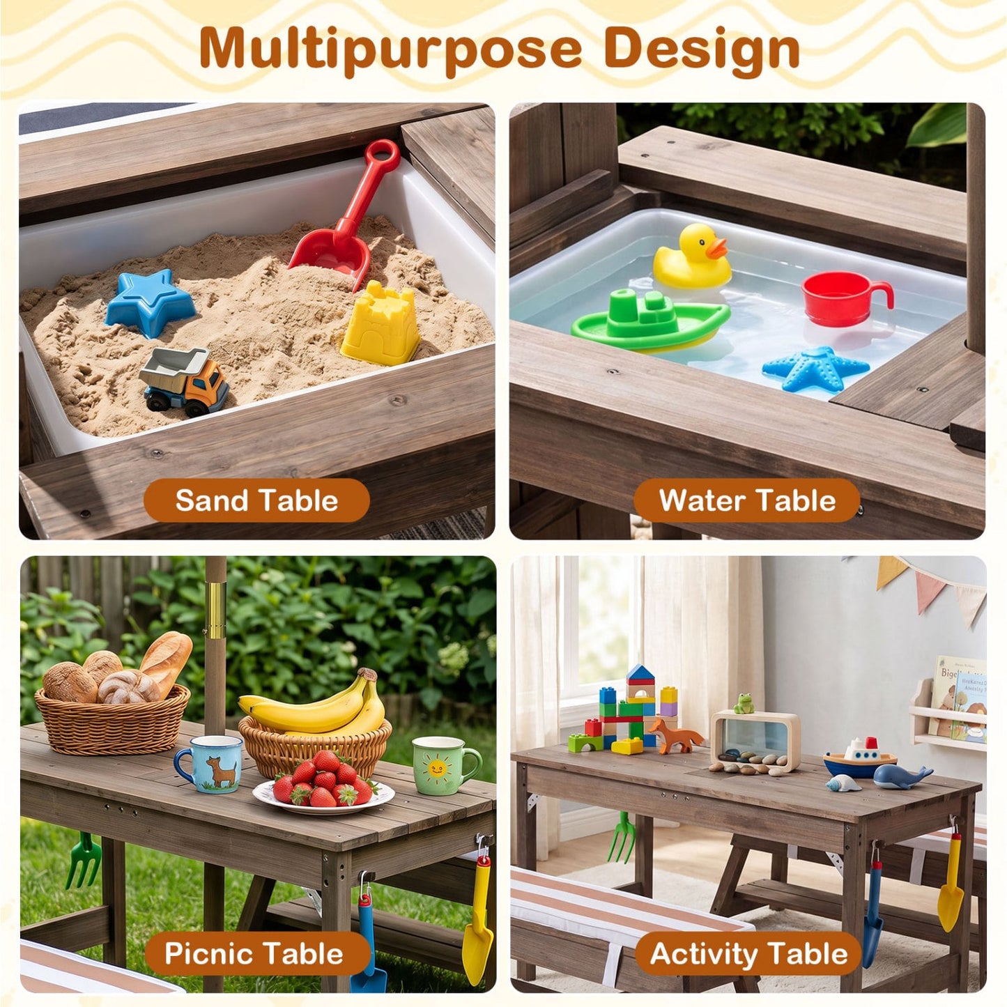 Wooden Kids Picnic Table & Benches with Umbrella, Brown Kids Table & Chair Sets at Gallery Canada