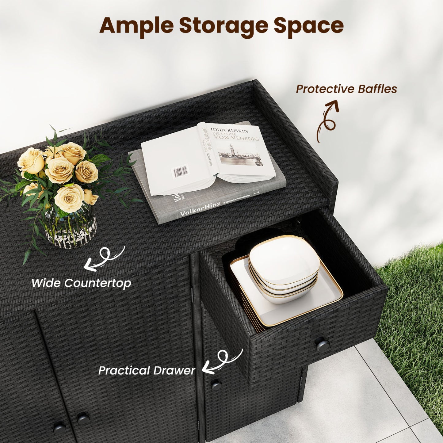 Outdoor PE Wicker Storage Cabinet, 3 Doors, Adjustable Shelves, Drawer, Black Sheds & Outdoor Storage at Gallery Canada