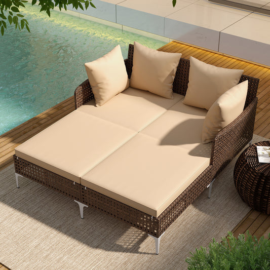 Outdoor Rattan Double Daybed Wicker Chaise Lounge, Brown Outdoor Chaise Lounges Brown at Gallery Canada