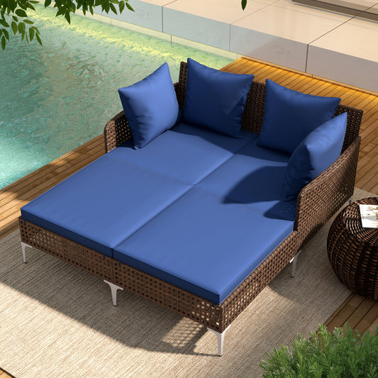 Outdoor Rattan Double Daybed Wicker Chaise Lounge, Navy Outdoor Chaise Lounges Navy at Gallery Canada