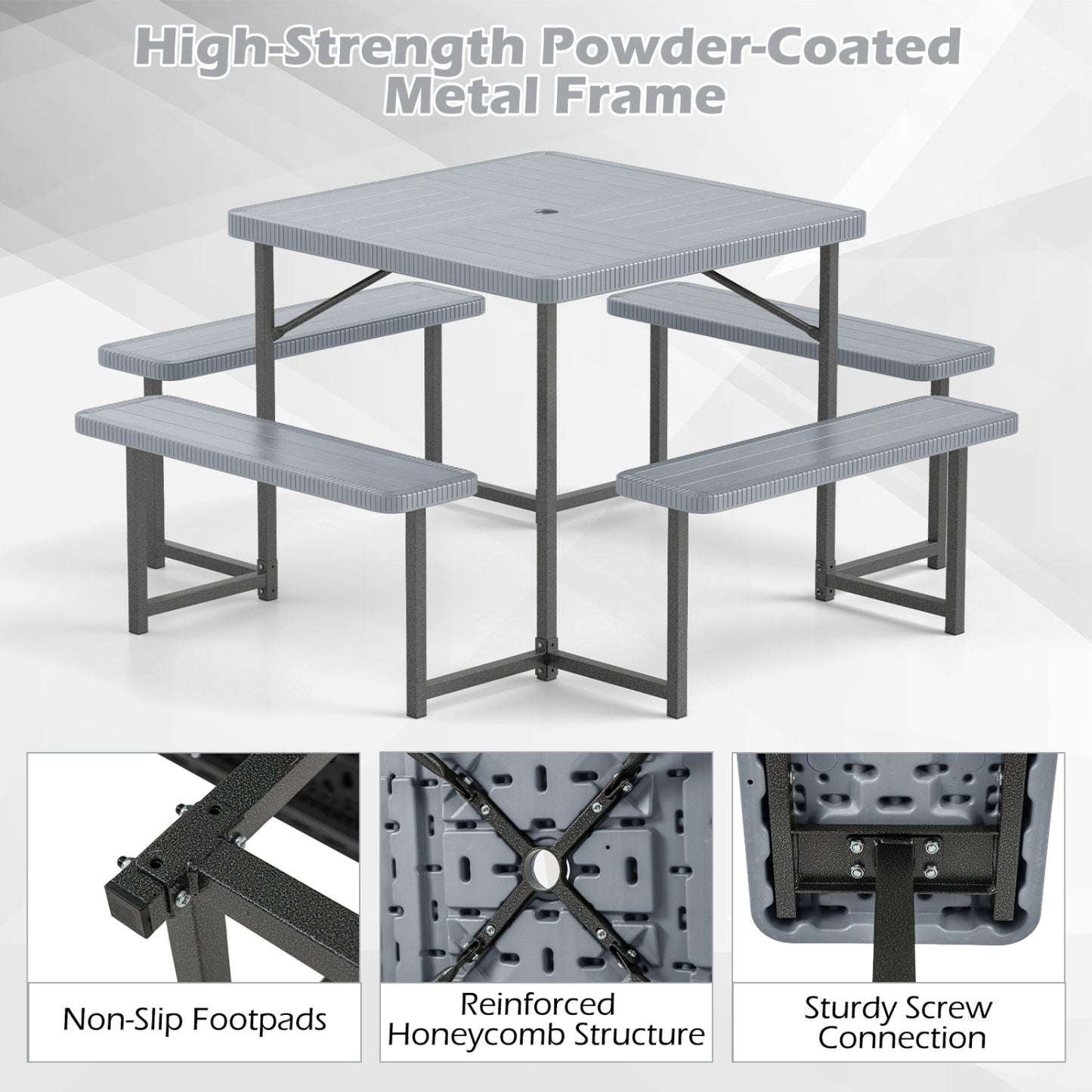 Square Picnic Table Bench Set, 4-8 People, Umbrella Hole, Gray Picnic Tables at Gallery Canada