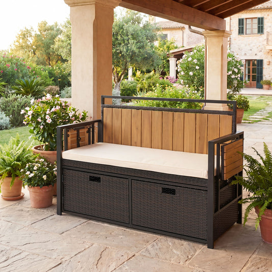 Outdoor Storage Bench with 2 Side Tables and 2-Seater Bench Seat Sheds & Outdoor Storage Brown + White + Natural at Gallery Canada