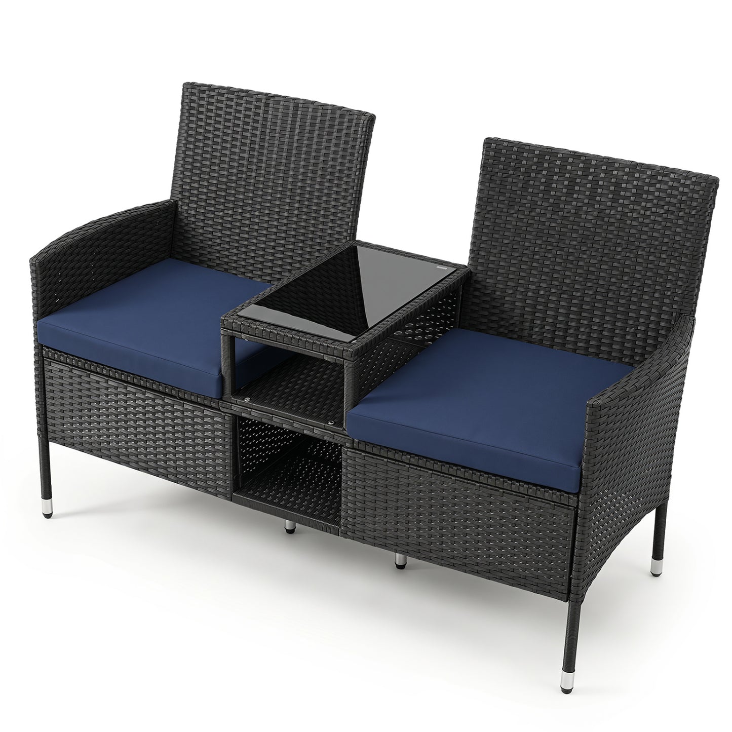 Outdoor Wicker Patio Loveseat with Built-in Glass Side Table, Navy Patio Conversation Sets Navy at Gallery Canada