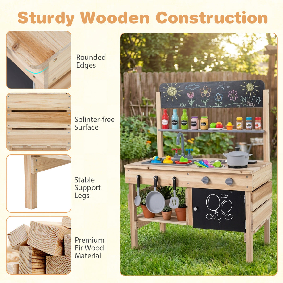 Outdoor Wooden Mud Kitchen for Kids with Sink and Stoves, Natural Play Kitchen Sets at Gallery Canada