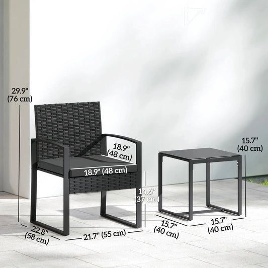 3 Piece Wicker Patio Set, Glass Top Table With Cushions, Black Bistro Sets Black at Gallery Canada