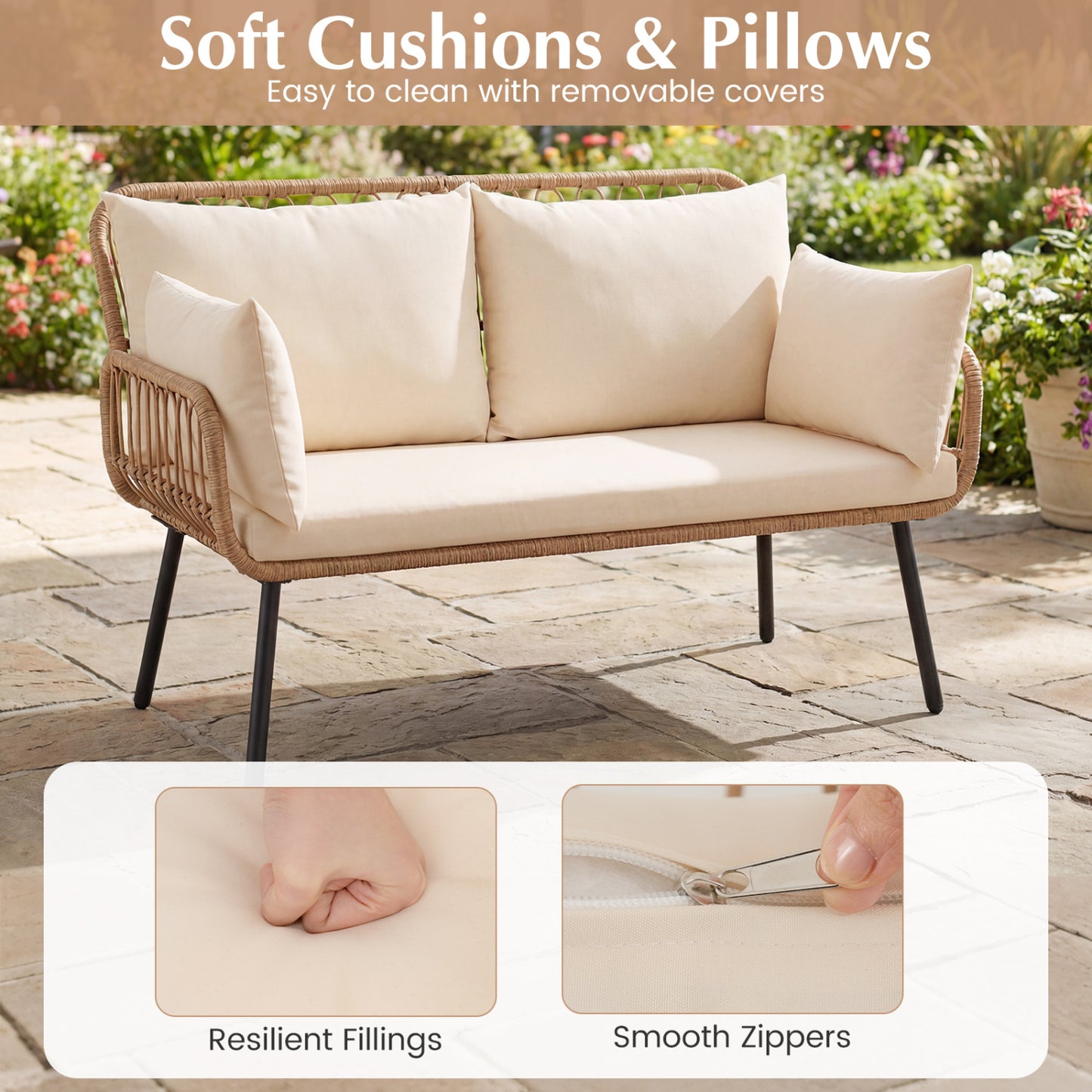 PE Rattan Patio Loveseat 2-Seater Sofa With Pillows, Beige Outdoor Chaise Lounges at Gallery Canada