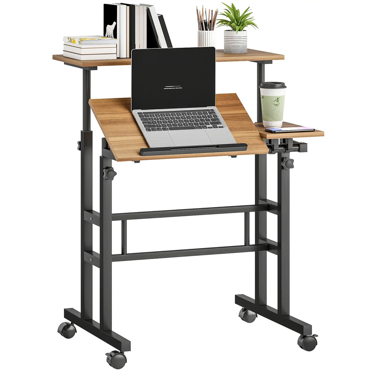 Mobile Stand Up Desk, Height Angle Adjustable, Wheels, Brown Computer Desks at Gallery Canada