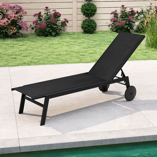 Patio Chaise Lounge Chair, Wheels, 6-Level Adjustable Backrest, Black Outdoor Chaise Lounges Black at Gallery Canada