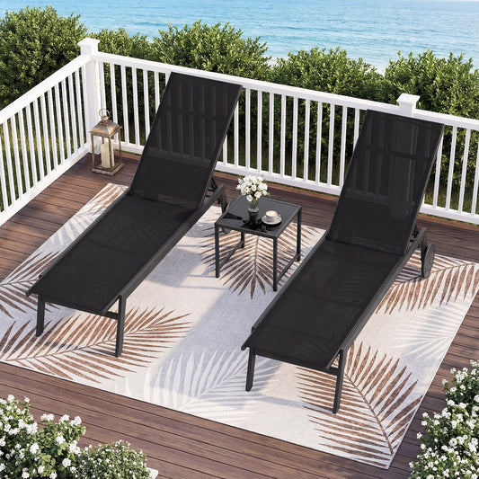 Patio Chaise Lounge Chair, Wheels, 6-Level Adjustable Backrest, Set of 2, Black Outdoor Chaise Lounges Black at Gallery Canada