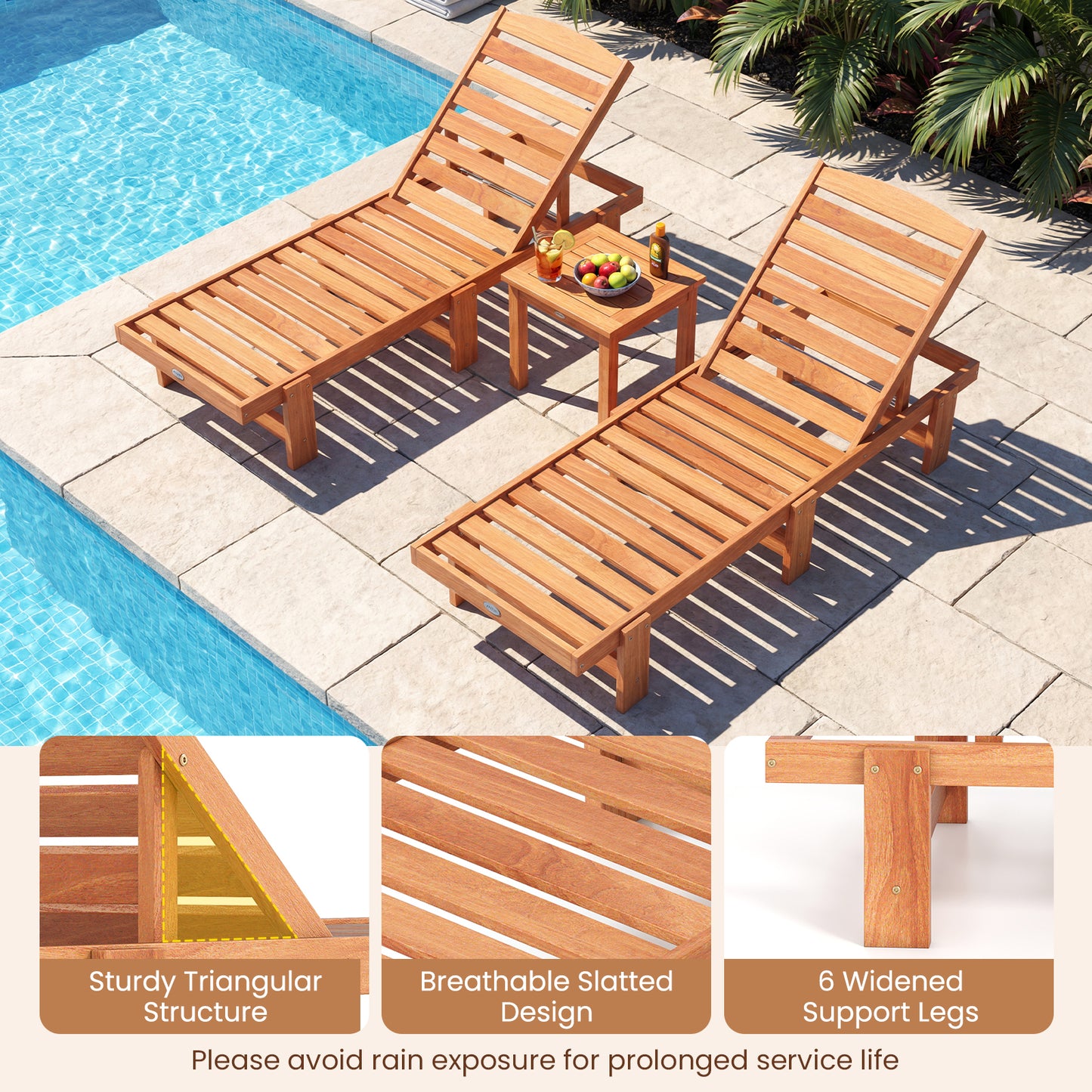 Solid Wood Slatted Chaise Lounge, Adjustable Backrest, Natural Outdoor Chaise Lounges at Gallery Canada