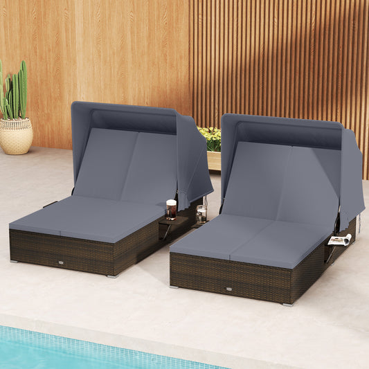Patio Double Chaise Lounge with Shade Cushions and Folding Side Trays, Gray Outdoor Chaise Lounges Gray at Gallery Canada