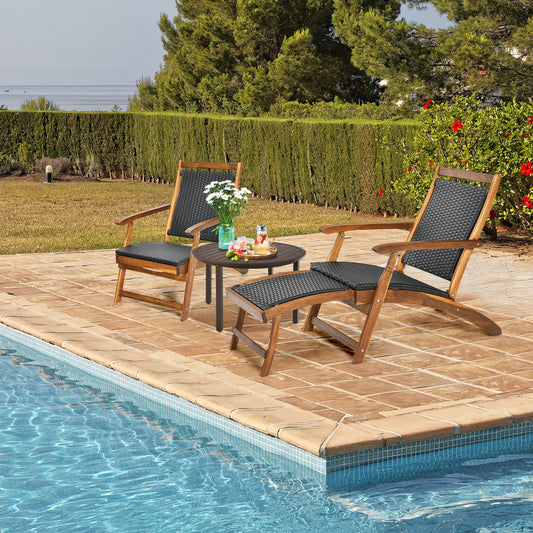 Rattan Folding Lounge Chair, Acacia Wood Frame, Retractable Footrest, Set of 2, Brown Outdoor Chaise Lounges Brown at Gallery Canada