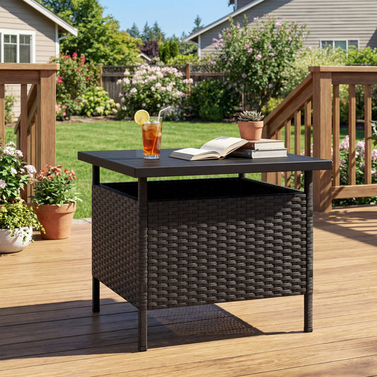 Square Wicker Side Table With Umbrella Hole, Black Patio Coffee Tables Black at Gallery Canada