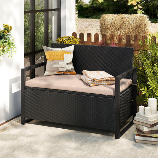 Patio Storage Bench Outdoor Wicker Loveseat with Built-in Storage, Brown Sheds & Outdoor Storage Brown at Gallery Canada