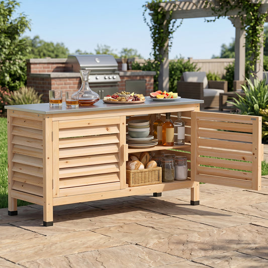 Patio Storage Cabinet, Stainless Steel Countertop, Natural Potting Benches & Tables Natural at Gallery Canada