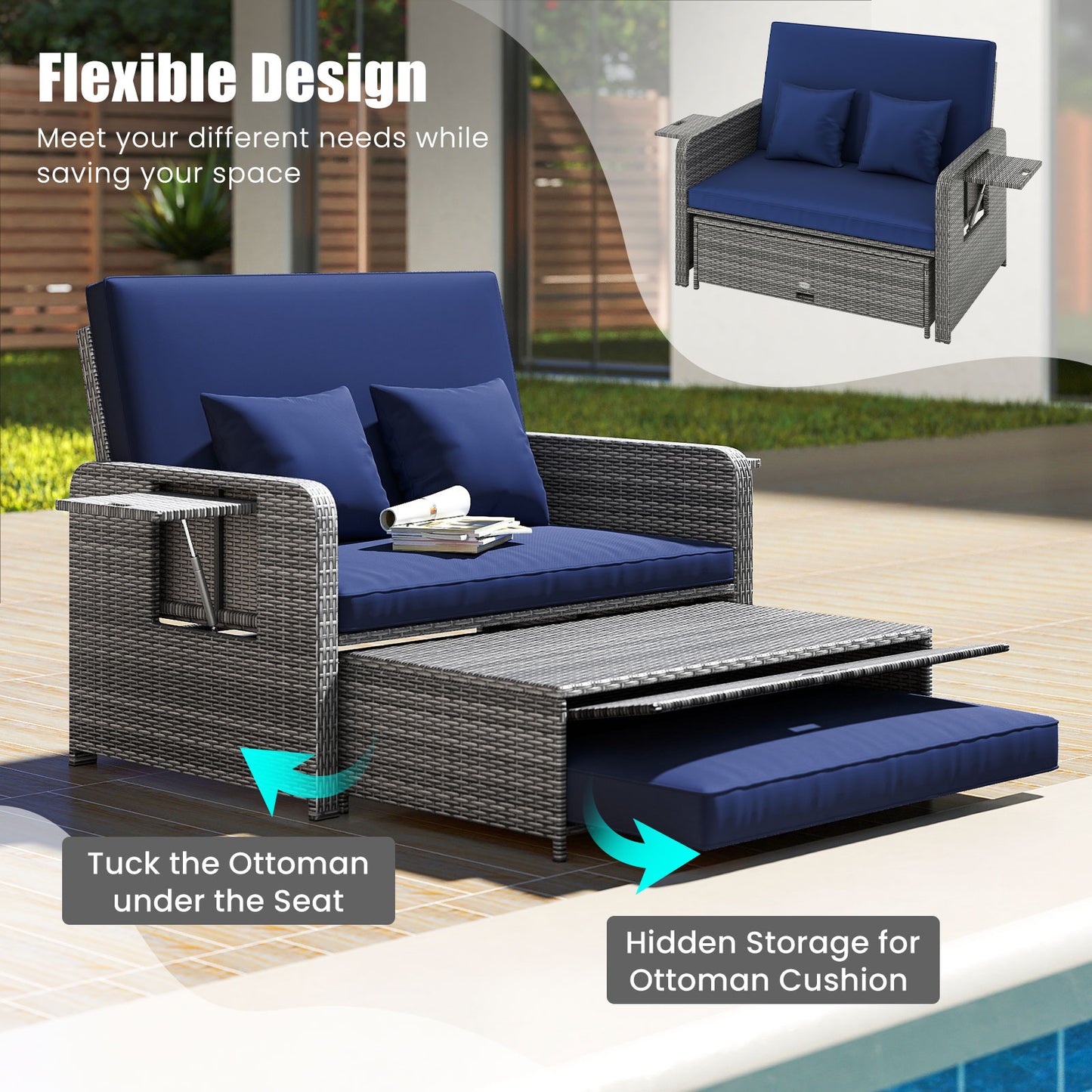 Patio Wicker Loveseat Sofa, Ottoman, Side Tray, Navy Patio Furniture Sets at Gallery Canada